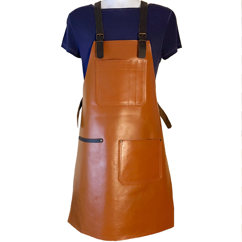 Tan Leather Bartender Apron for Men with Crossback Straps Genuine Cowhide Leather BBQ Apron